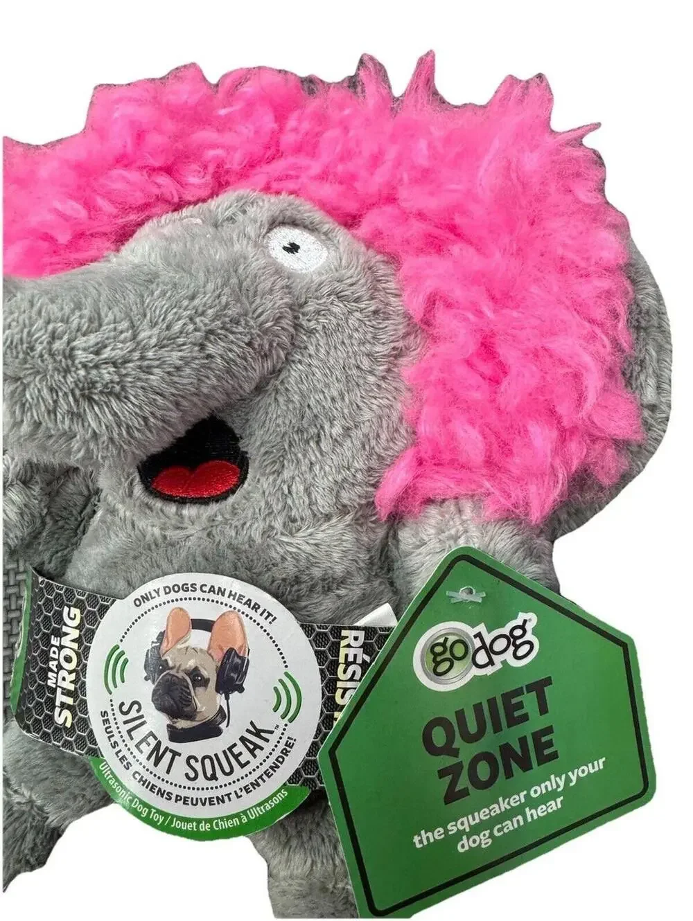 (RGB3) goDog Silent Squeak Elephant Plush Dog Toy Quiet Zone Pink Mane NWT